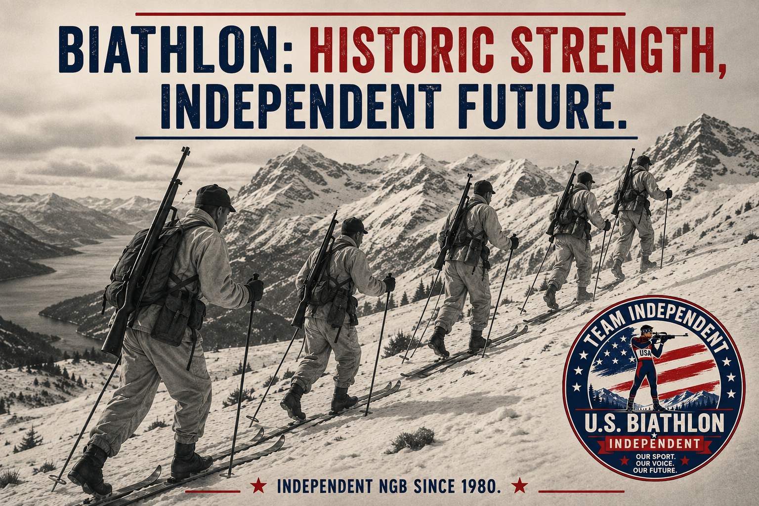 Historical-inspired artwork of military skiers climbing a snowy mountain with the words Biathlon: Historic Strength, Independent Future and Independent NGB Since 1980