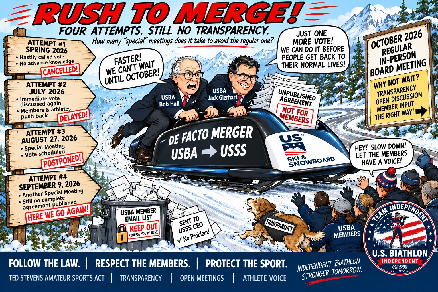 Humorous illustration asking Special Meeting Again and contrasting September 9 with an October in-person Board meeting
